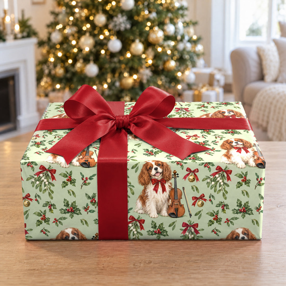A gift wrapped in Cavalier Violin Christmas Wrapping Paper in front of a Christmas tree