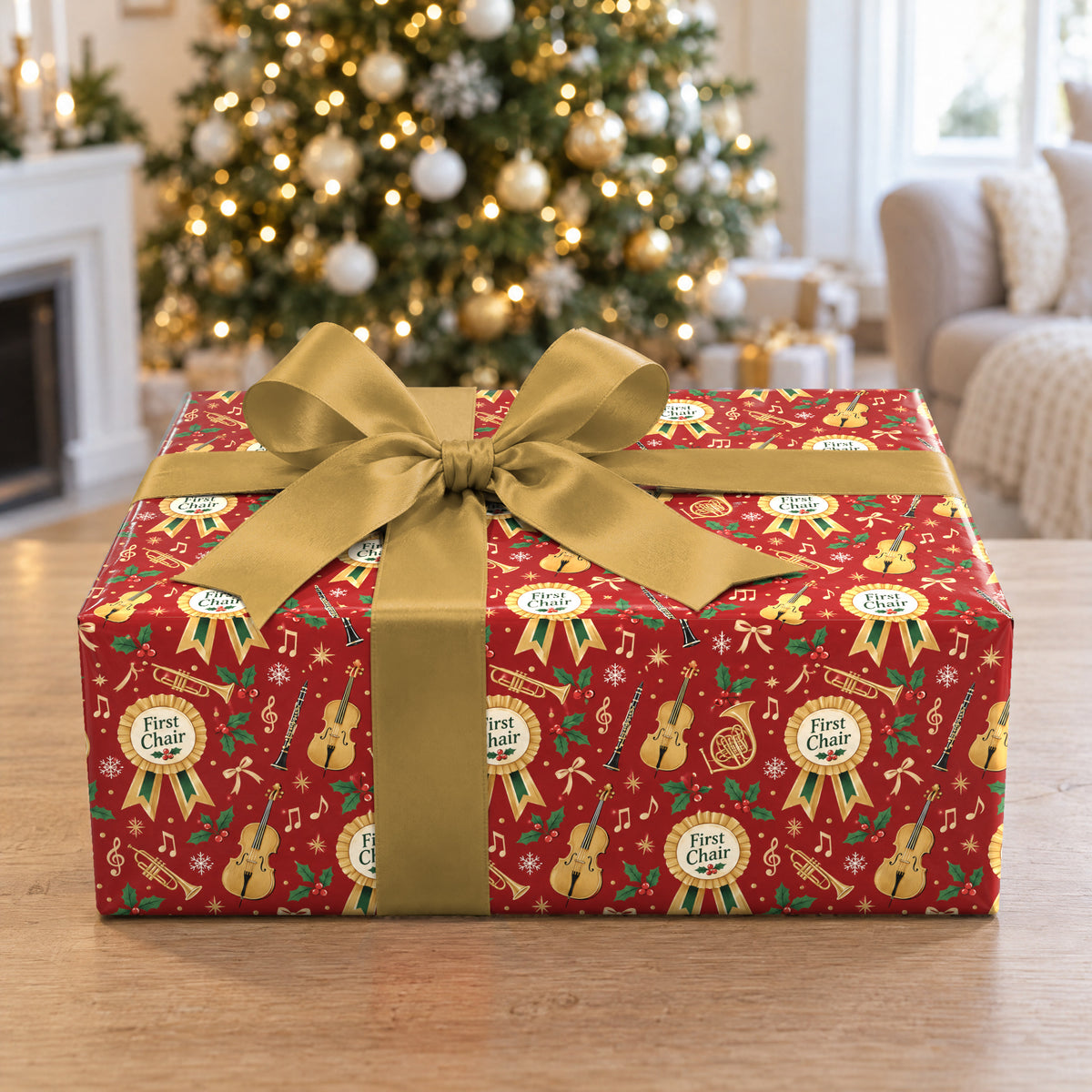 A gift wrapped in First Chair Christmas Wrapping Paper in front of a Christmas tree