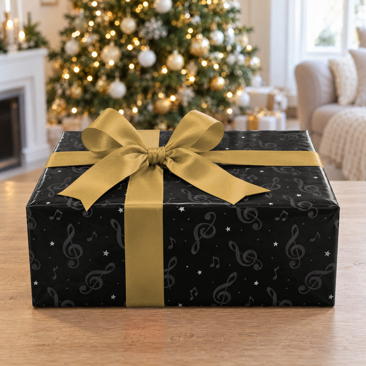 A gift wrapped in Noir Treble Hush Wrapping Paper in front of a Christmas tree