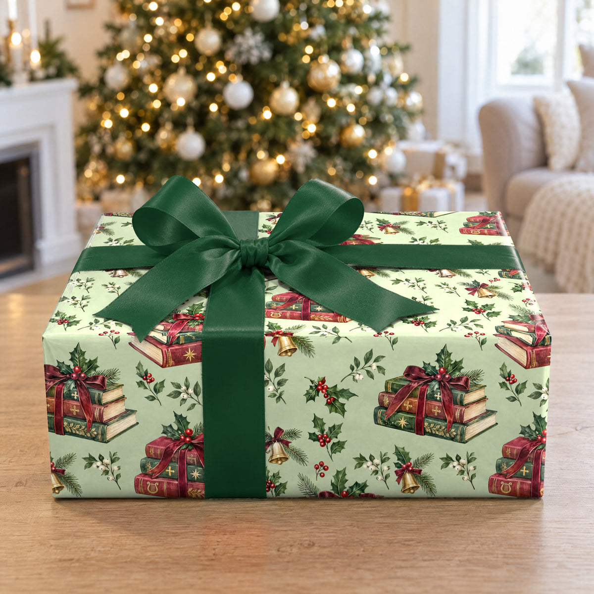 A gift wrapped in Carol Book Stack Wrapping Paper in front of a Christmas tree