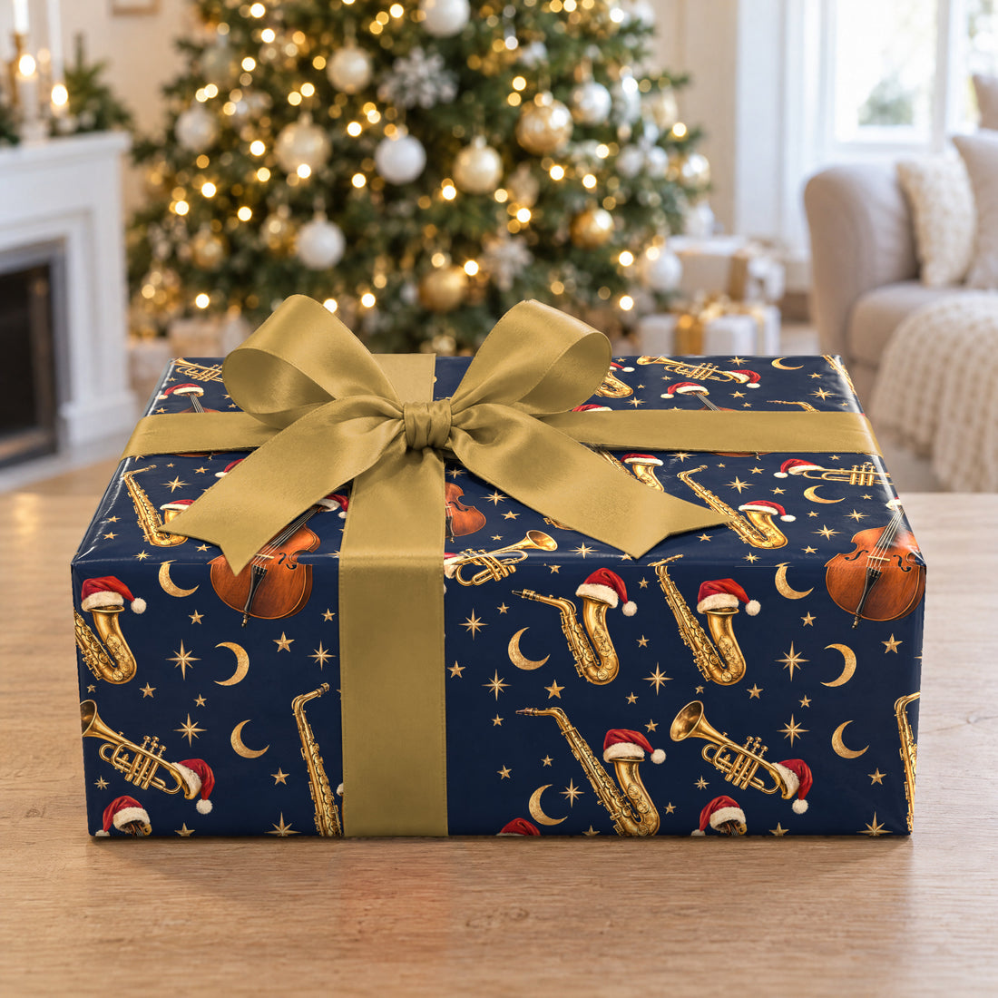A gift wrapped in Jazzy Holiday Wrapping Paper in front of a Christmas tree