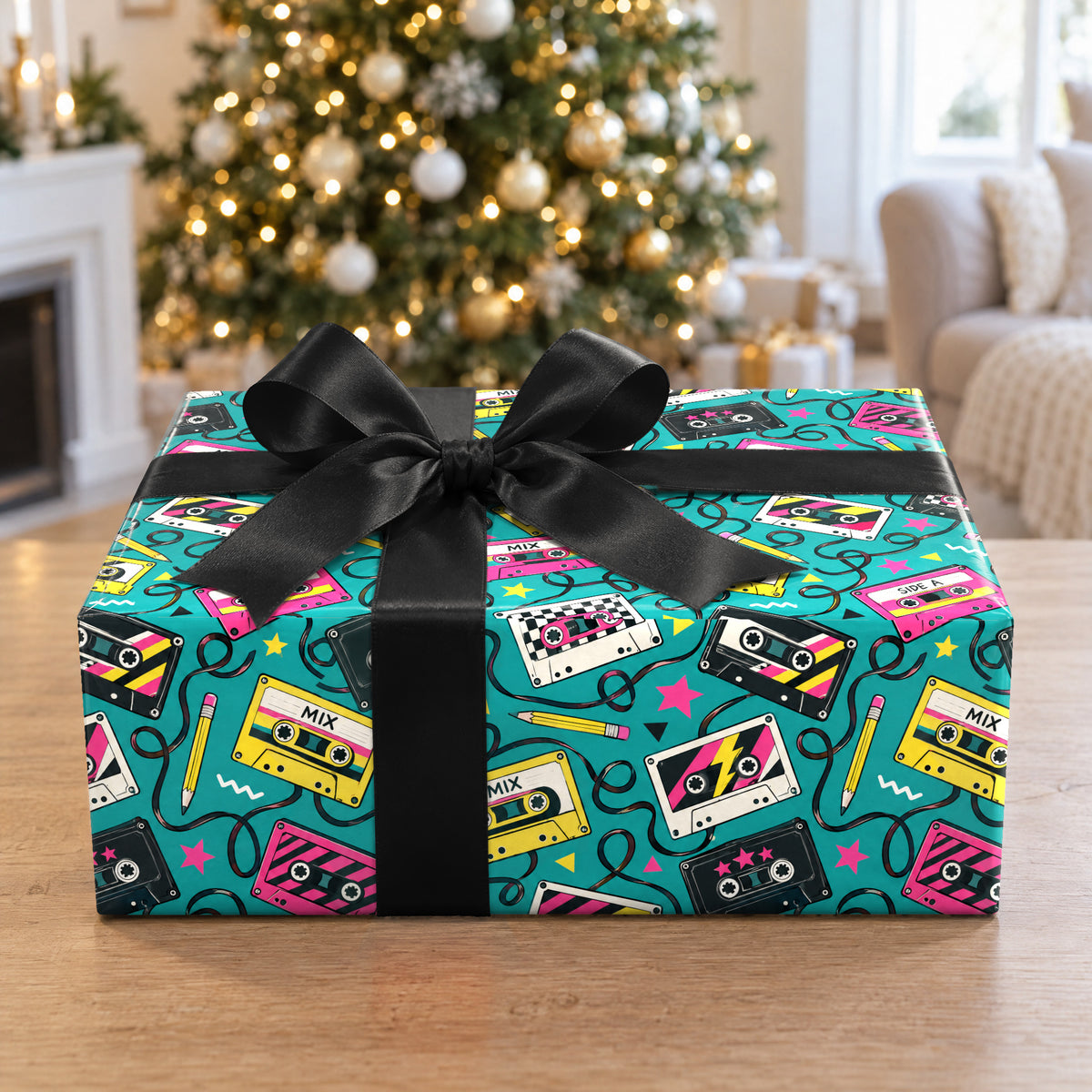 A gift wrapped in Mixtape Cassette Wrapping Paper in front of a Christmas tree