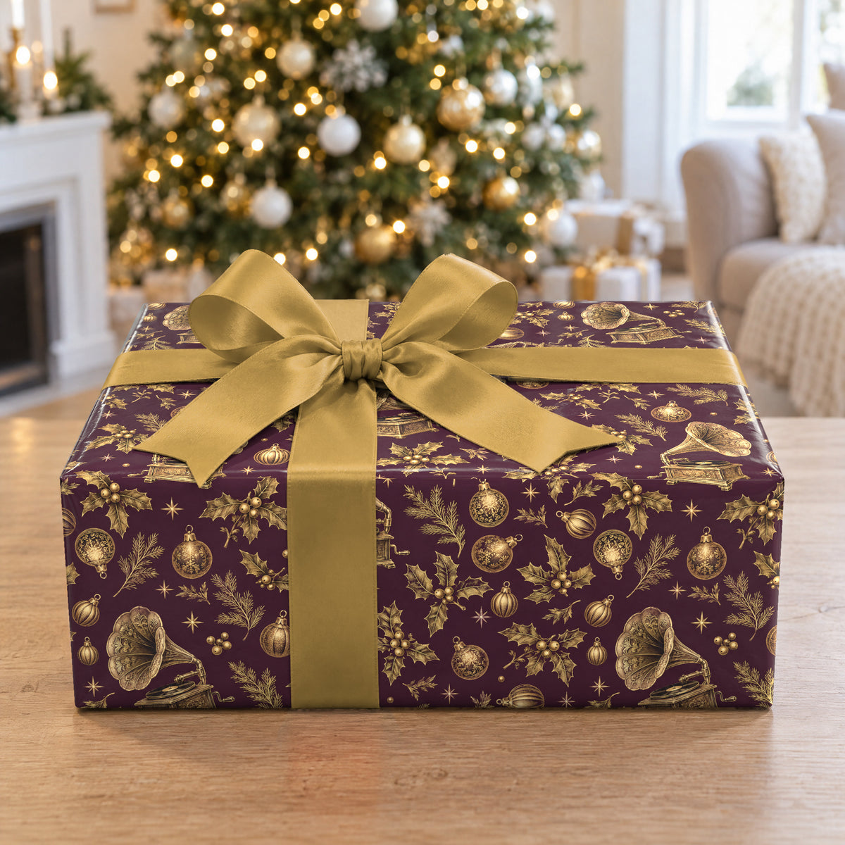 A gift wrapped in Golden Gramophone Victorian Wrapping Paper in front of a Christmas tree