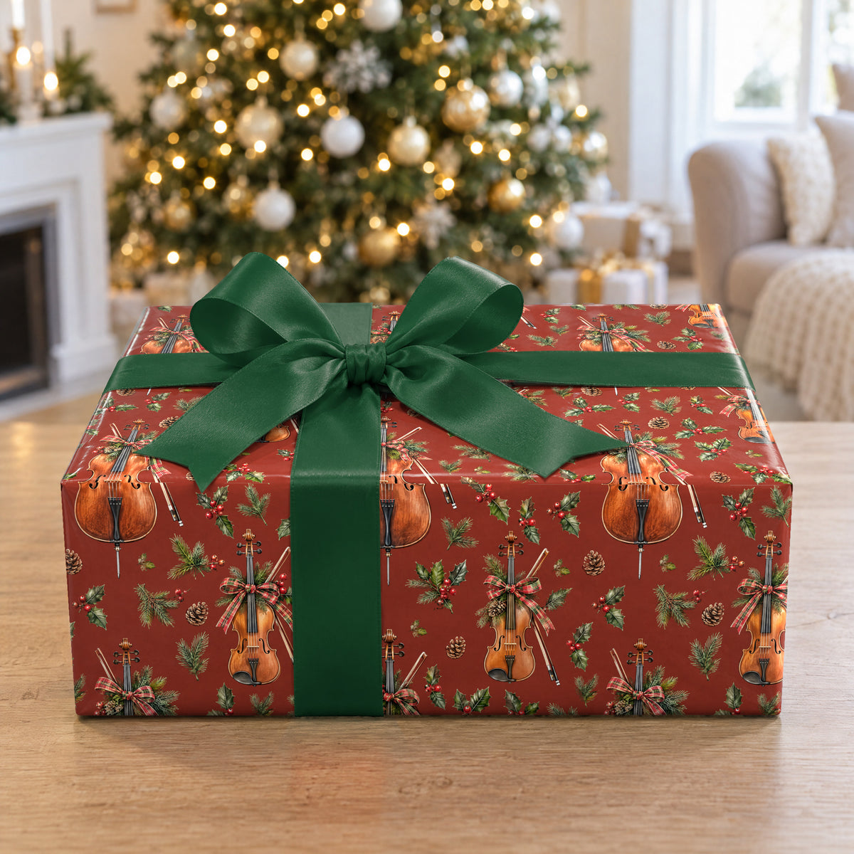 A gift wrapped in Fireside Fiddle Plaid Wrapping Paper in front of a Christmas tree