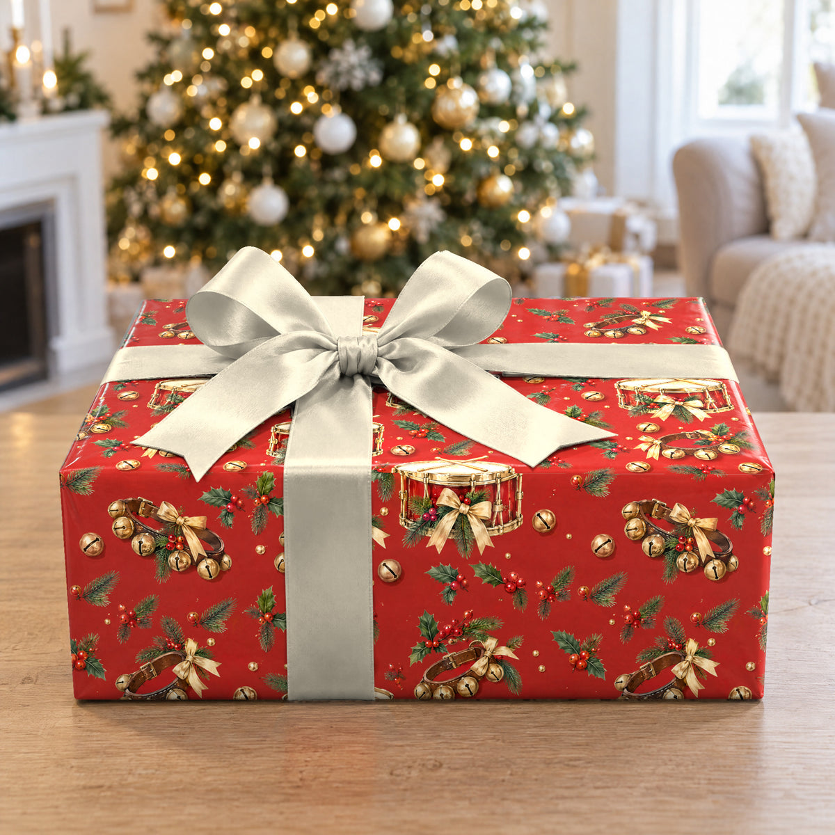 A gift wrapped in Snare and Sleigh Bells Wrapping Paper in front of a Christmas tree