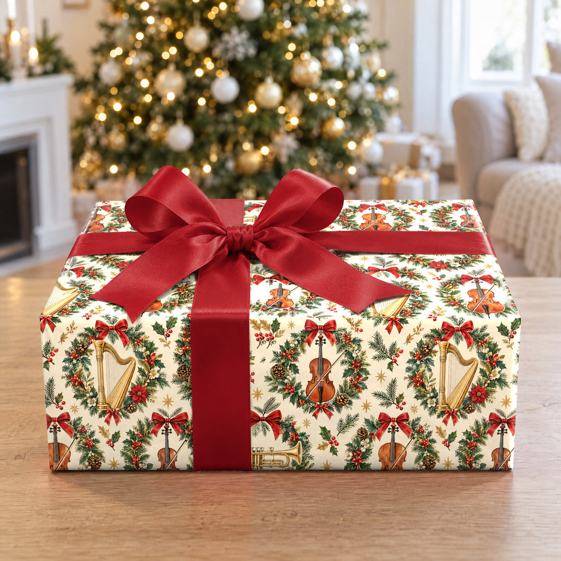 A gift wrapped in Holiday Pops Orchestra Wrapping Paper in front of a Christmas tree