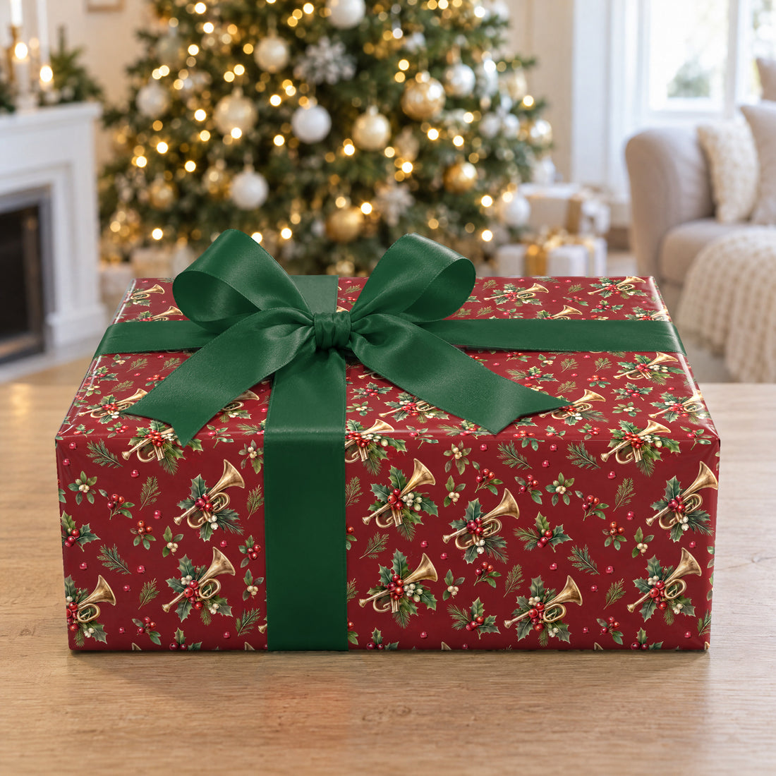 A gift wrapped in Cranberry Brass Sprig Wrapping Paper in front of a Christmas tree