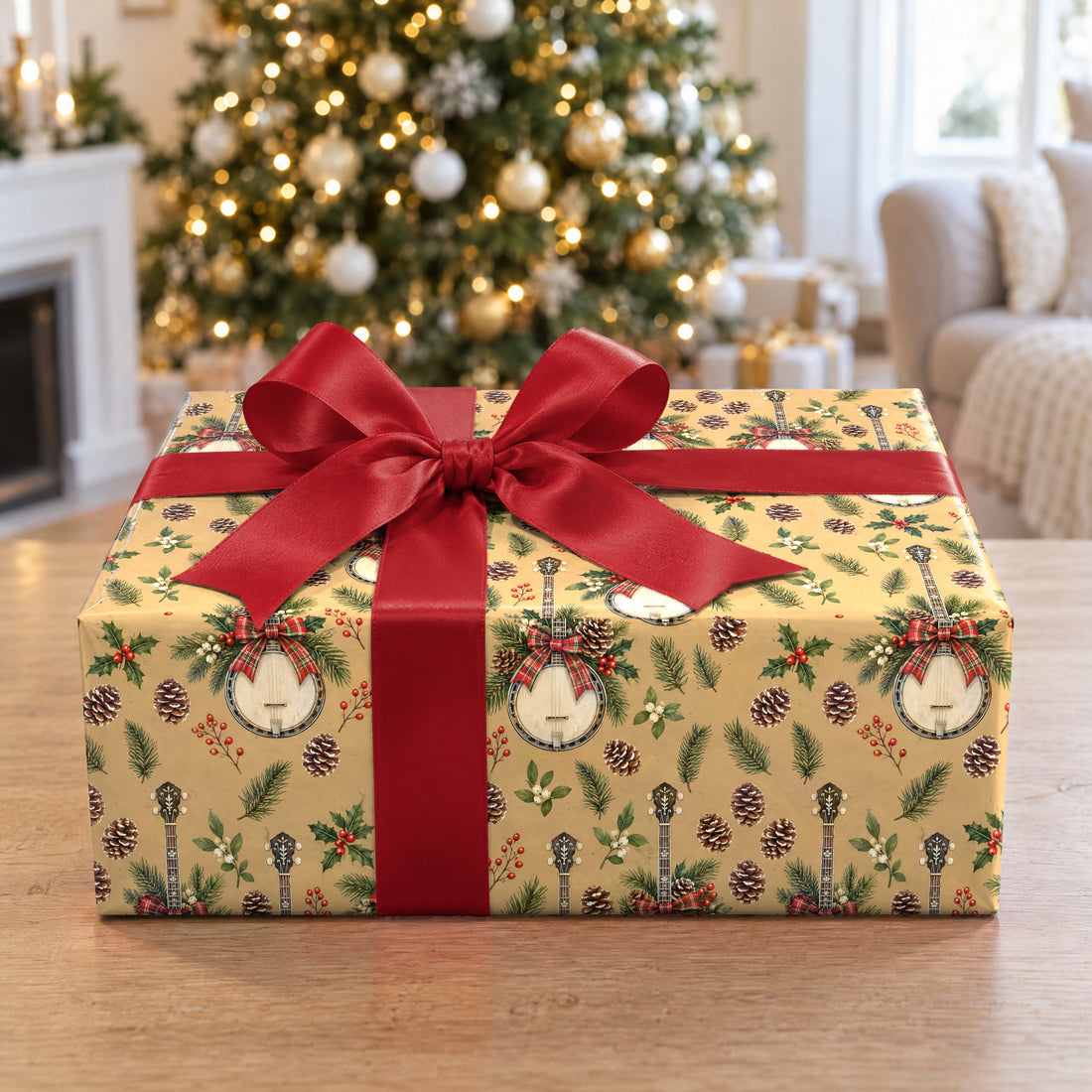 A gift wrapped in Cabin Banjo Pinecones Wrapping Paper in front of a Christmas tree