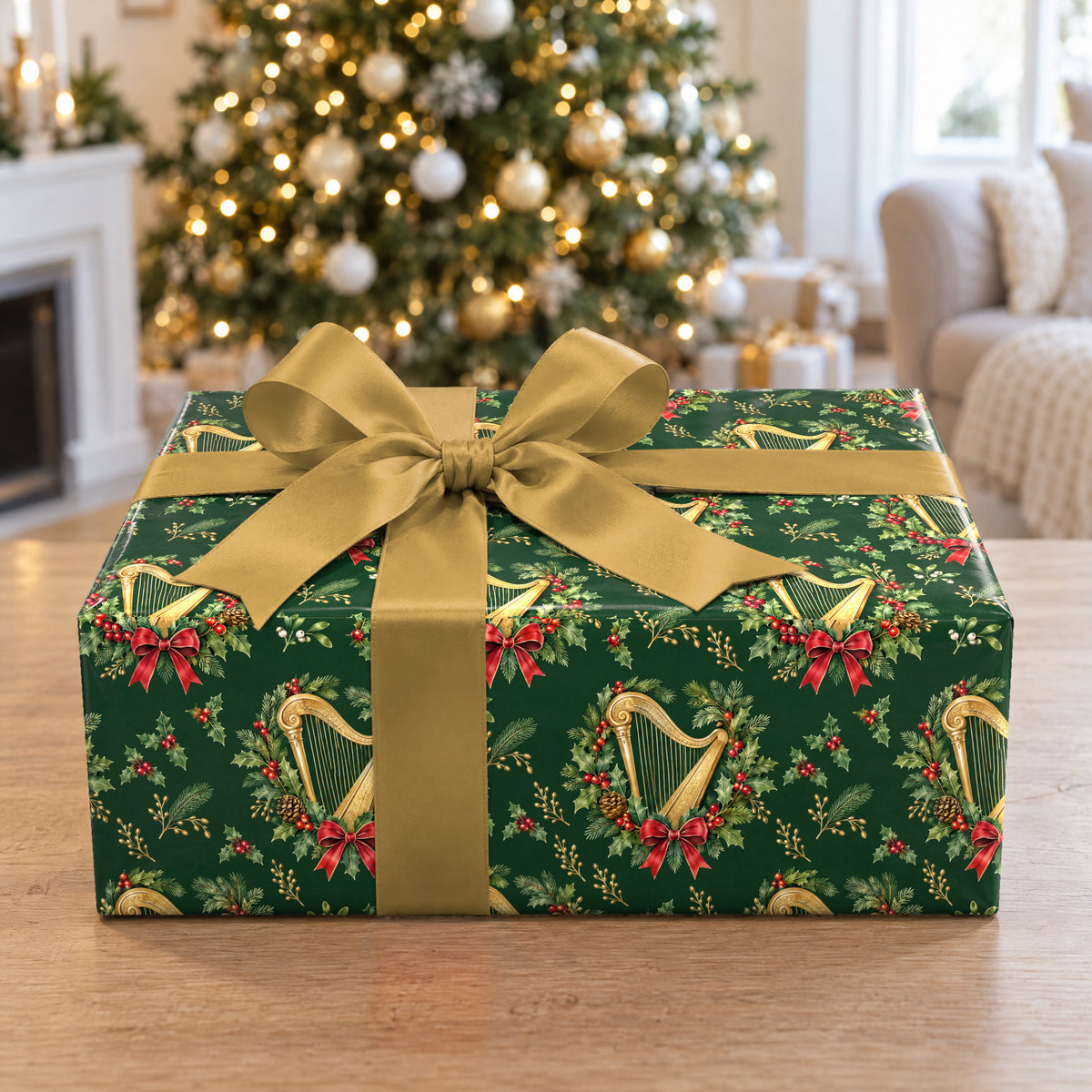 A gift wrapped in Harp Holly Wreath Wrapping Paper in front of a Christmas tree