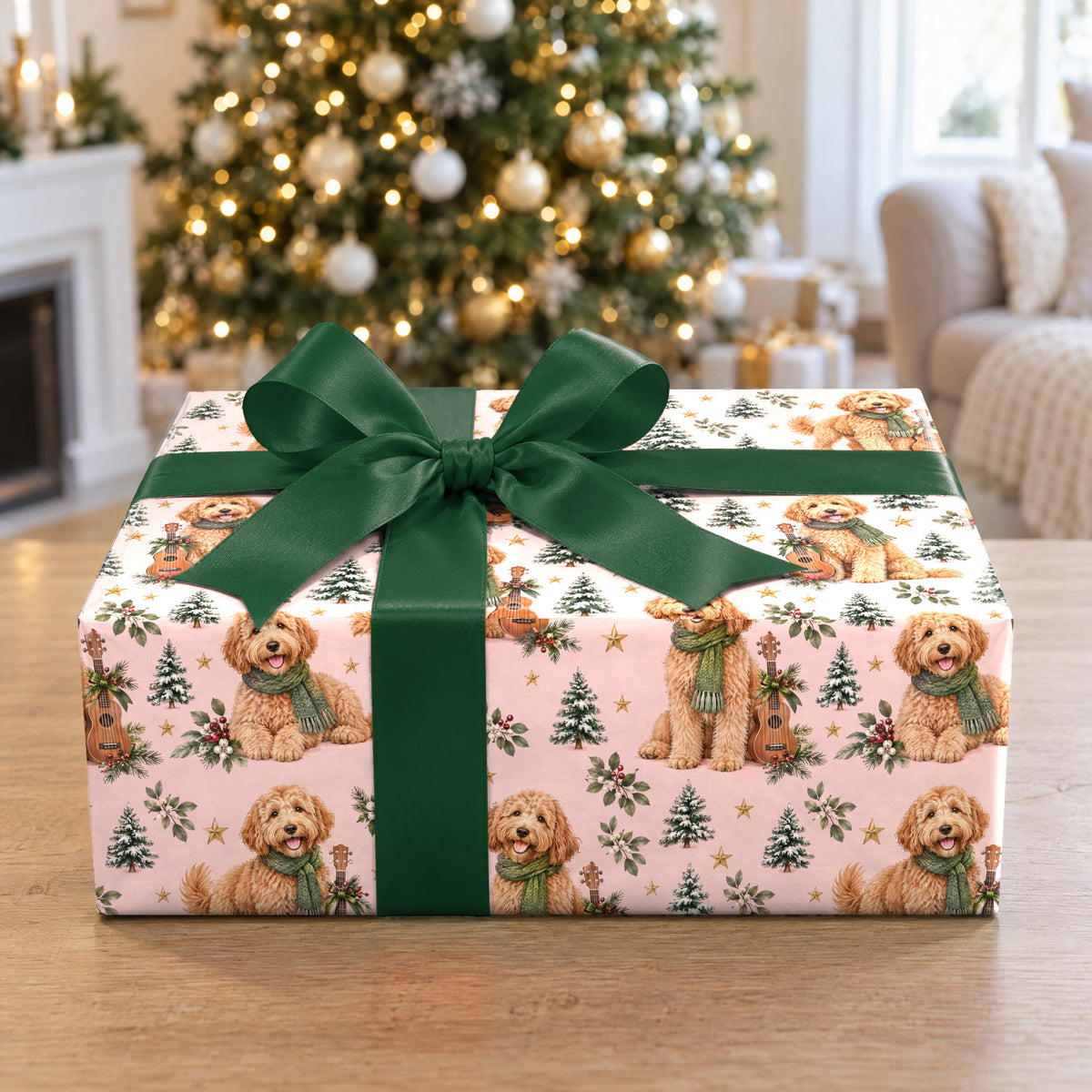 A gift wrapped in Goldendoodle Ukulele Christmas Wrapping Paper in front of a Christmas tree