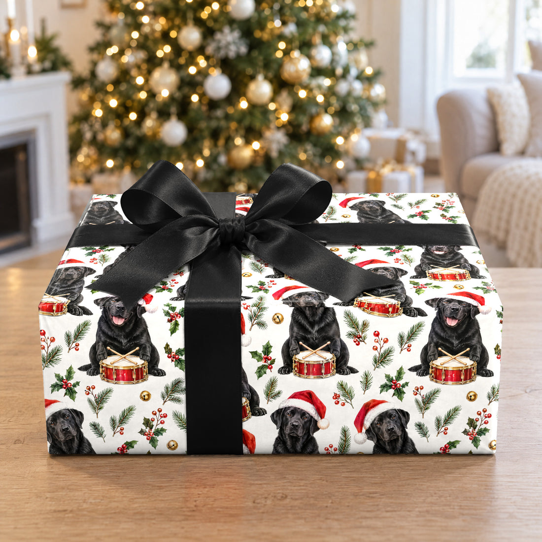 A gift wrapped in Black Lab Santa Drummer Wrapping Paper in front of a Christmas tree