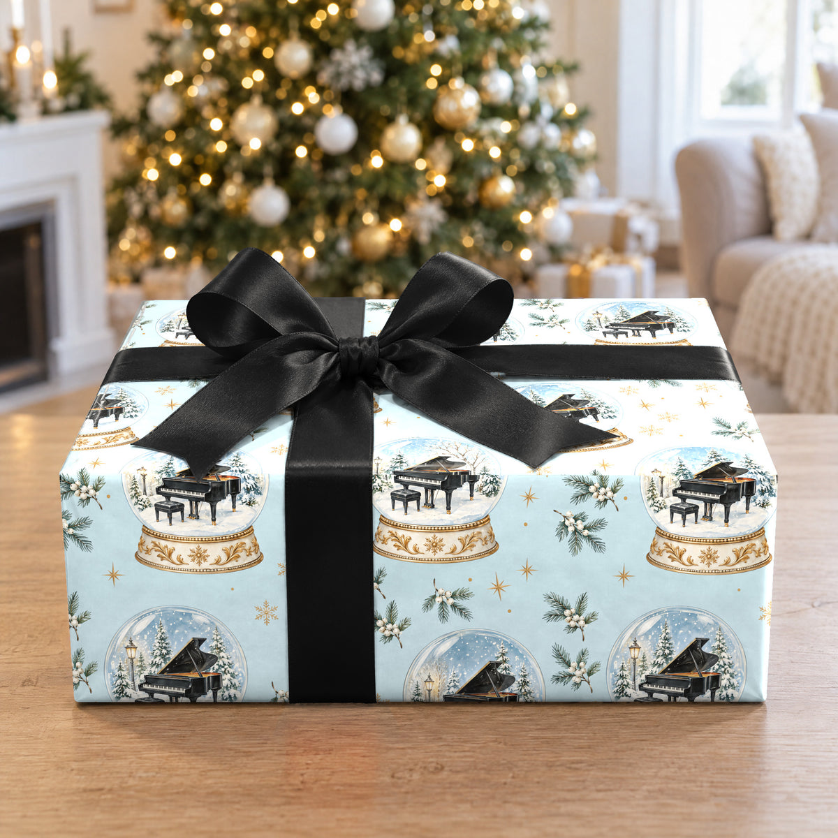 A gift wrapped in Grand Piano Snowglobe Wrapping Paper in front of a Christmas tree