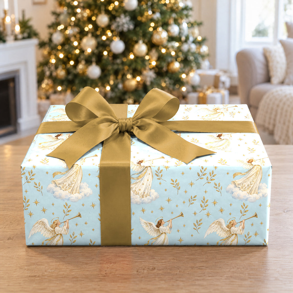 A gift wrapped in Angel Trumpet Fanfare Wrapping Paper in front of a Christmas tree