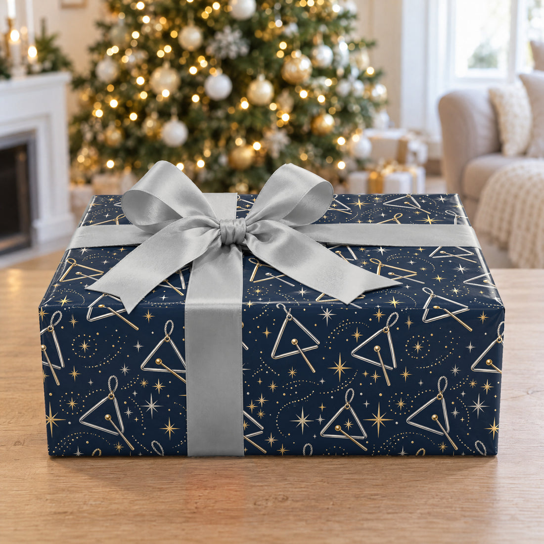 A gift wrapped in Twinkling Triangle Stars Wrapping Paper in front of a Christmas tree