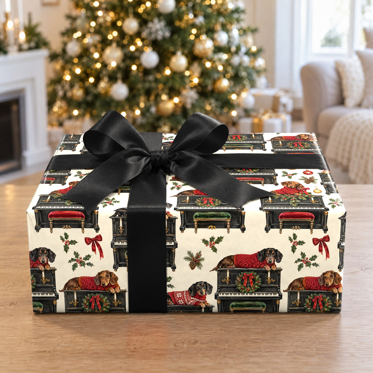 A gift wrapped in Dachshund Piano Christmas Wrapping Paper in front of a Christmas tree