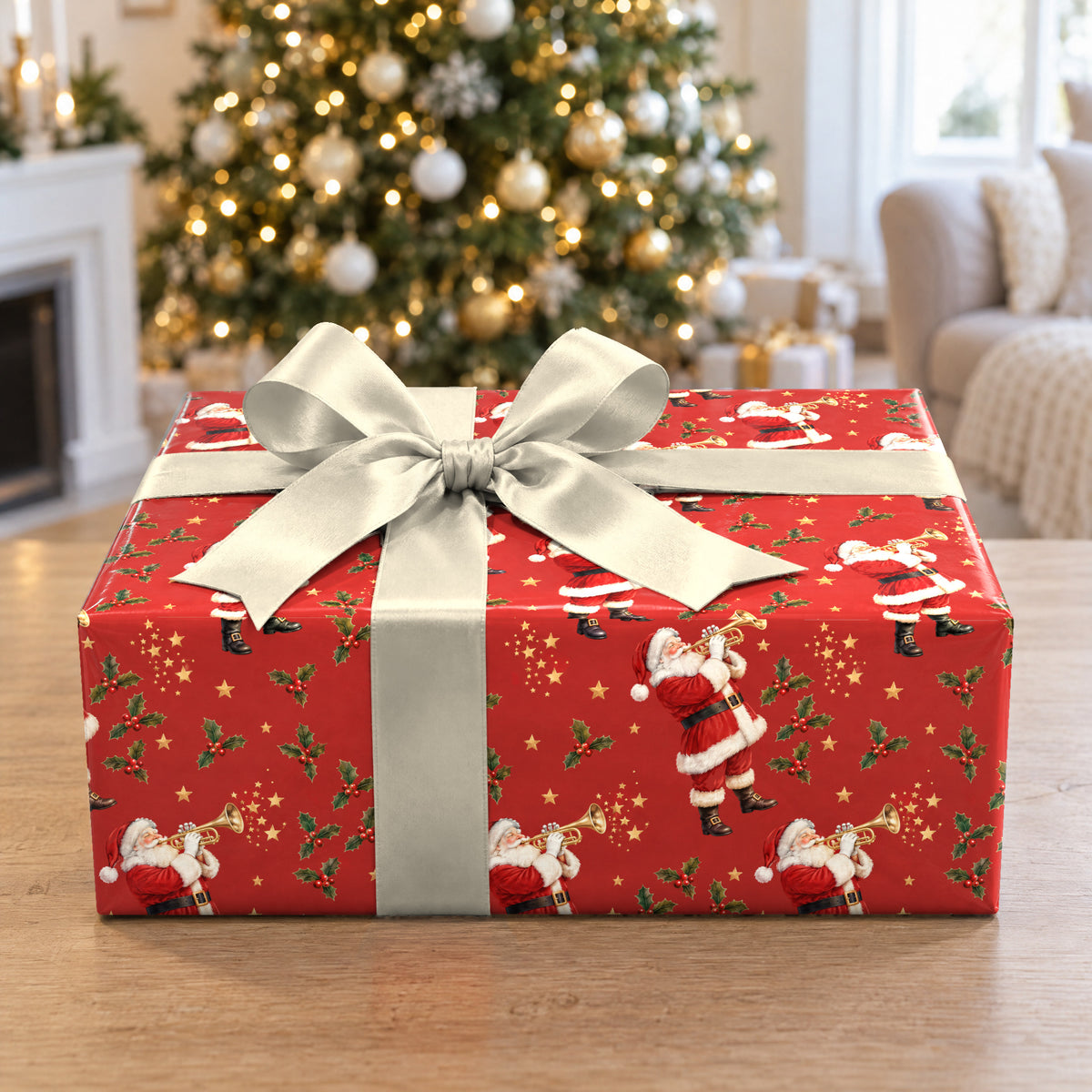 A gift wrapped in Santa's Trumpet Fanfare Wrapping Paper in front of a Christmas tree