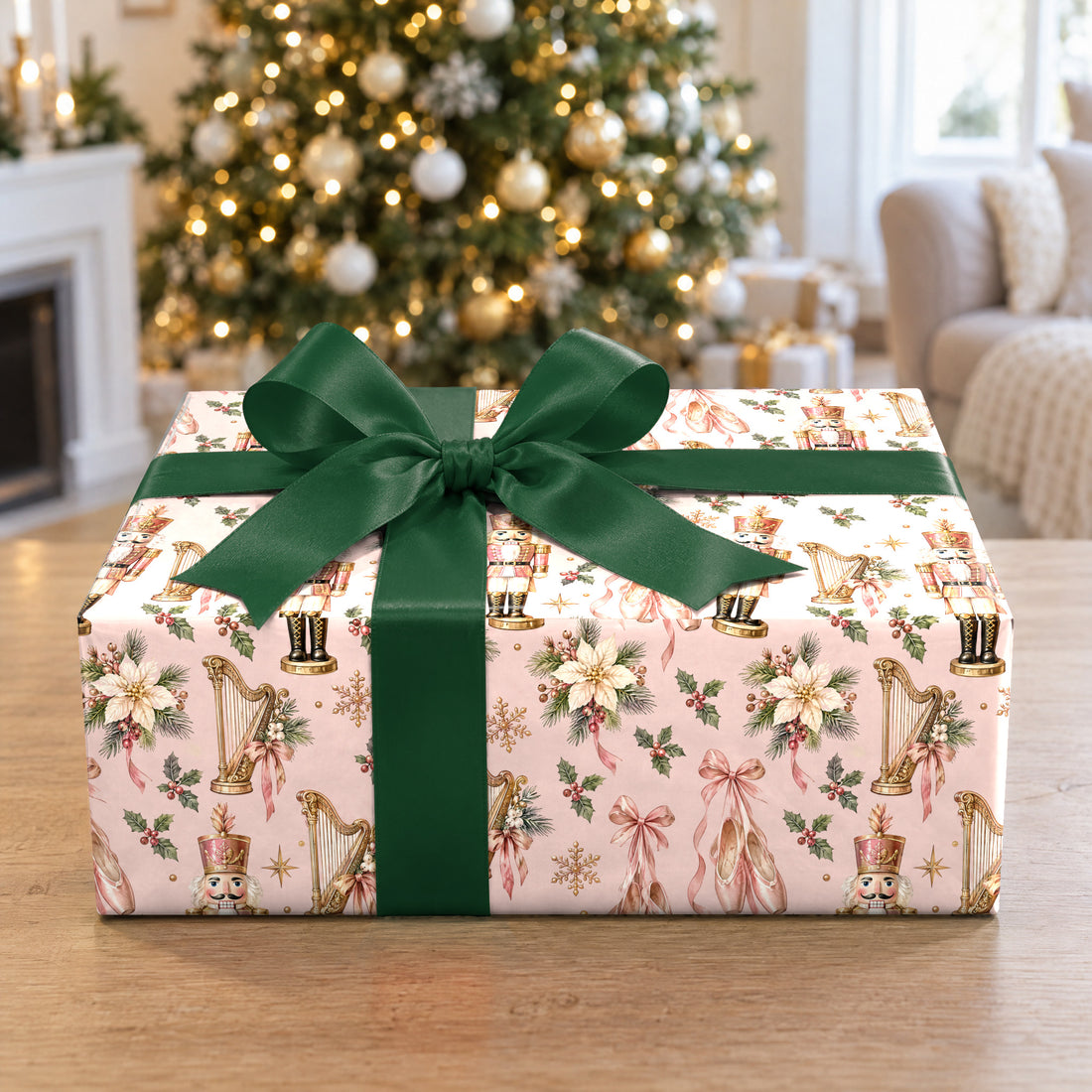 A gift wrapped in Nutcracker Ballet Blush Wrapping Paper in front of a Christmas tree