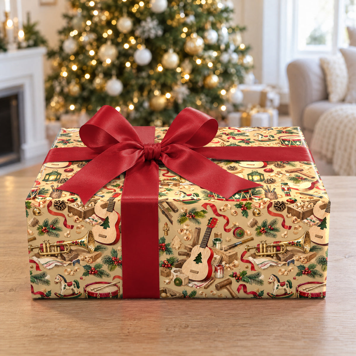 A gift wrapped in Santa's Instrument Workshop Wrapping Paper in front of a Christmas tree