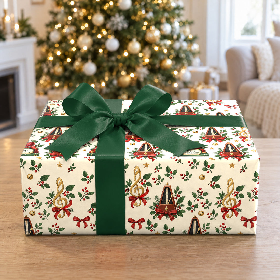 A gift wrapped in Music Teacher's Holiday Desk Wrapping Paper in front of a Christmas tree
