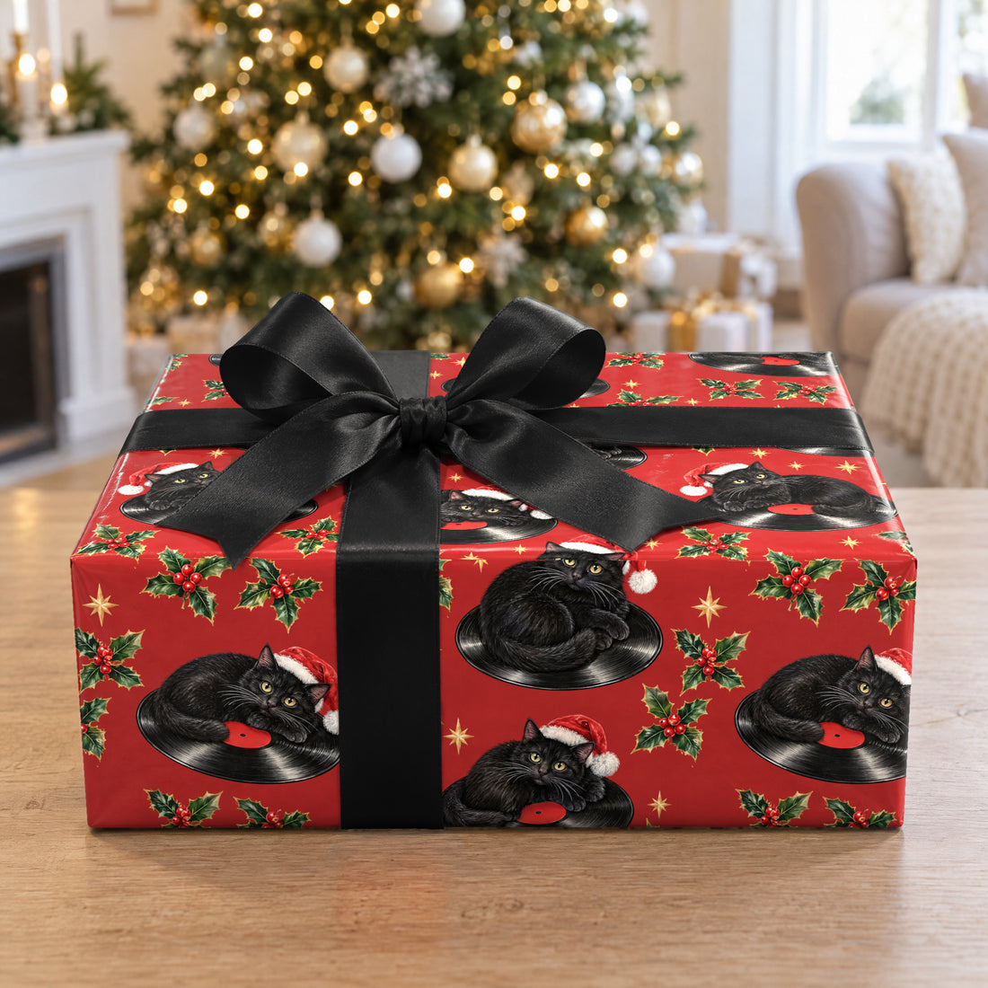 A gift wrapped in Black Cat Vinyl Christmas Wrapping Paper in front of a Christmas tree