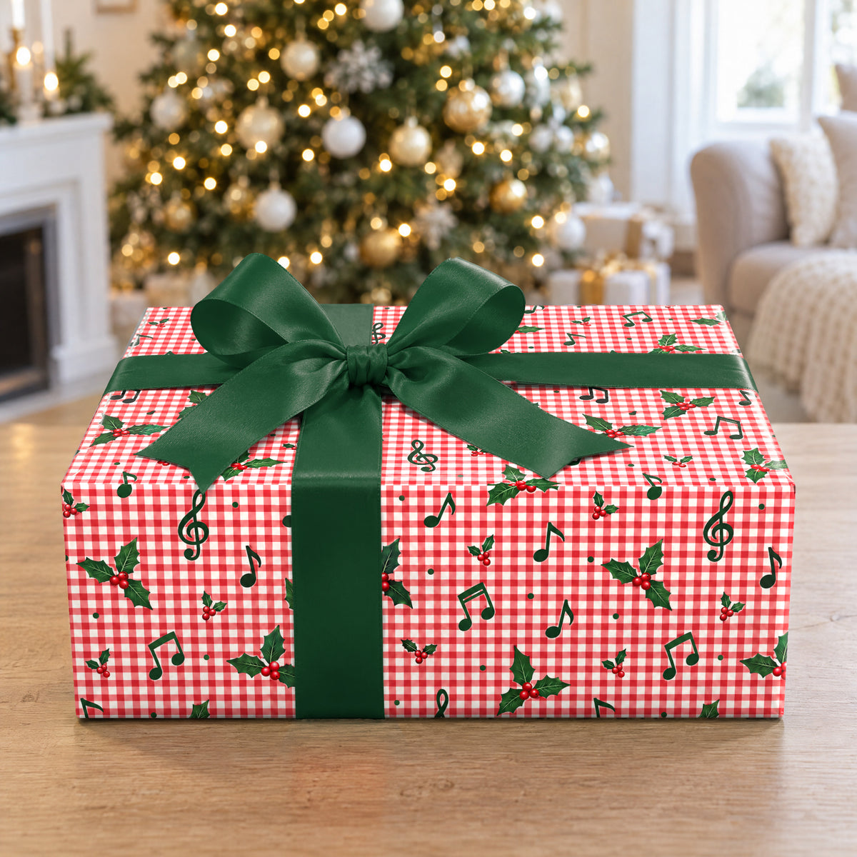 A gift wrapped in Red Gingham Music Note Wrapping Paper in front of a Christmas tree