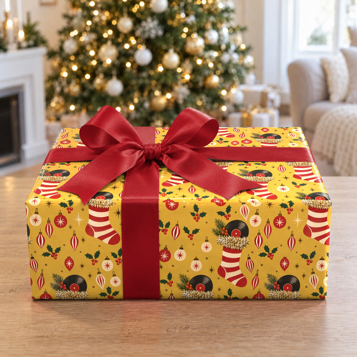 A gift wrapped in Retro Record Stocking Wrapping Paper in front of a Christmas tree