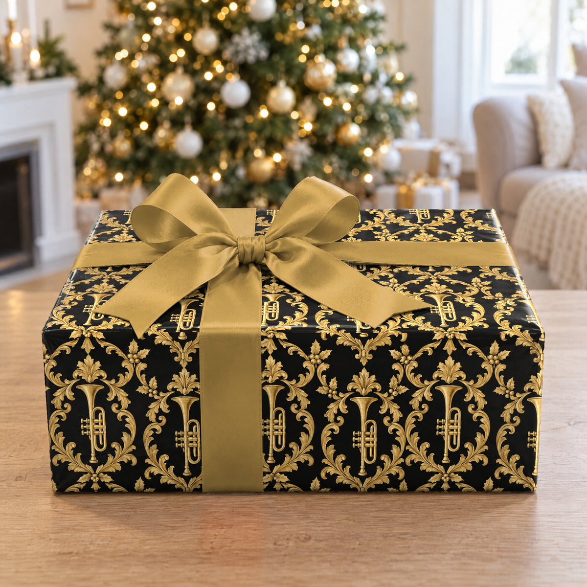 A gift wrapped in Obsidian Trumpet Damask Wrapping Paper in front of a Christmas tree