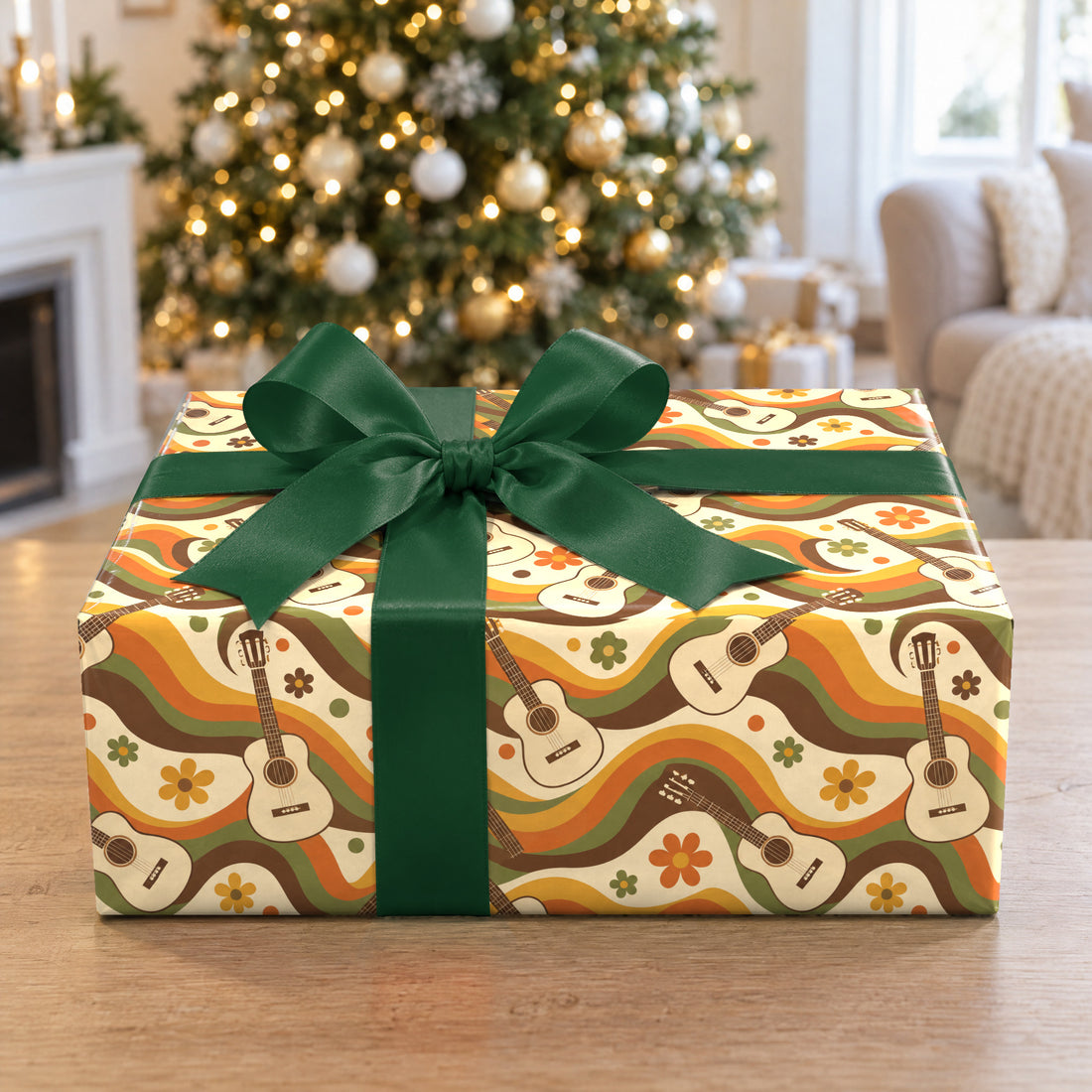 A gift wrapped in Groovy Guitar Waves Retro Wrapping Paper in front of a Christmas tree
