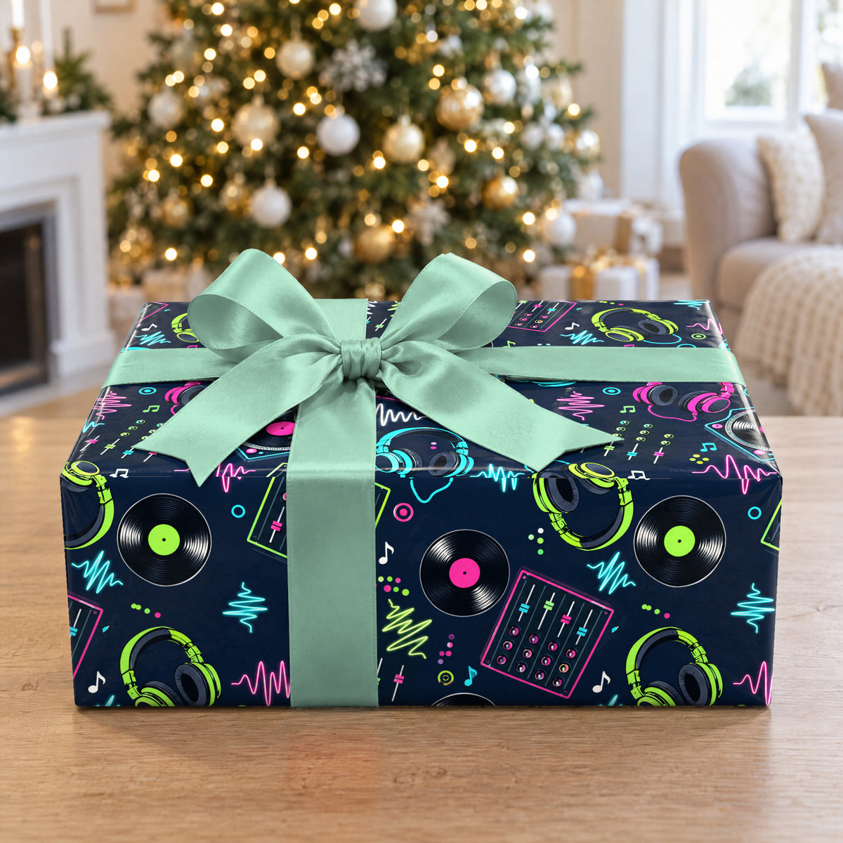 A gift wrapped in DJ Headphones Wrapping Paper in front of a Christmas tree