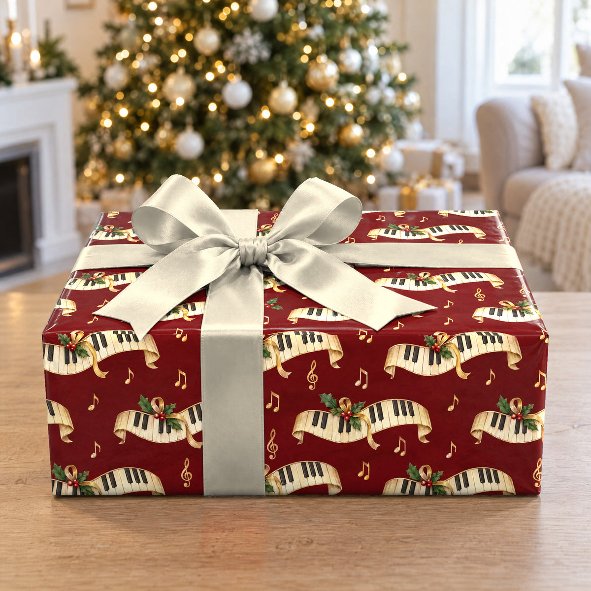 A gift wrapped in Velvet Red Piano Keys Wrapping Paper in front of a Christmas tree