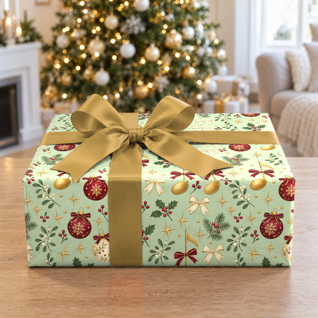 A gift wrapped in Teacher's Note of Thanks Wrapping Paper in front of a Christmas tree