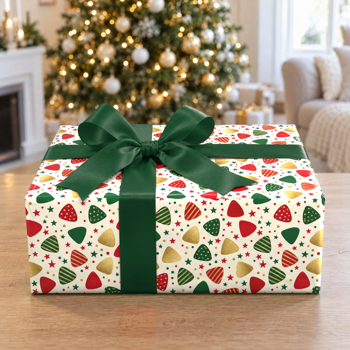 A gift wrapped in Guitar Pick Confetti Holiday Wrapping Paper in front of a Christmas tree