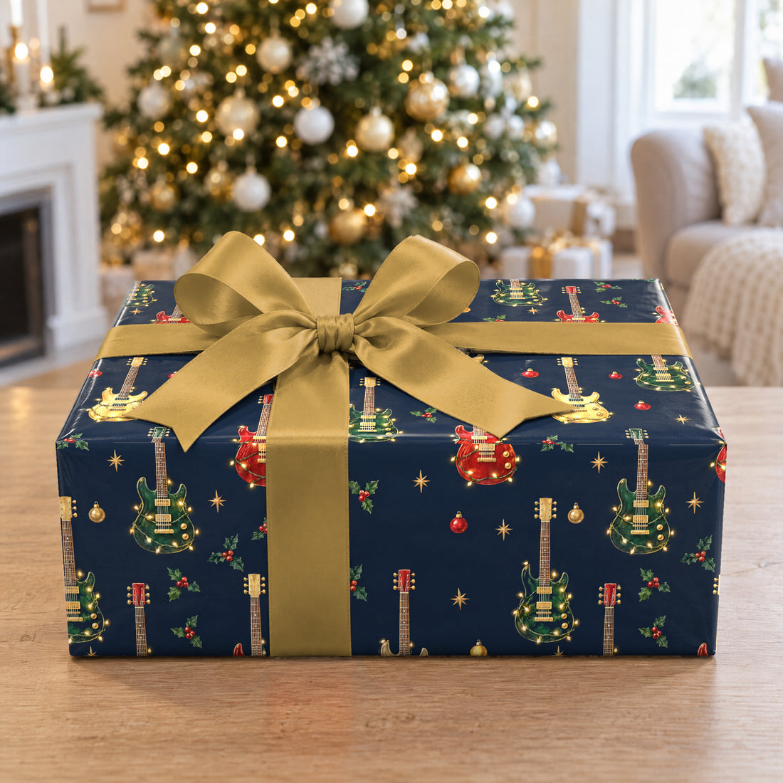 A gift wrapped in Electric Guitar String Lights Wrapping Paper in front of a Christmas tree