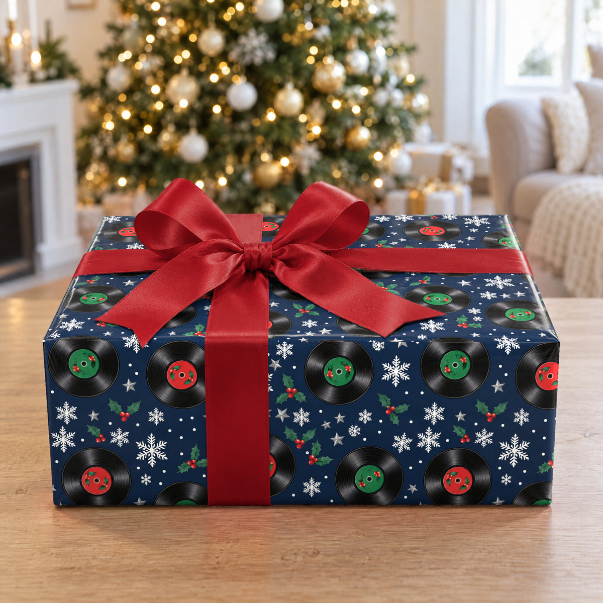 A gift wrapped in Vinyl Snowfall Christmas Wrapping Paper in front of a Christmas tree