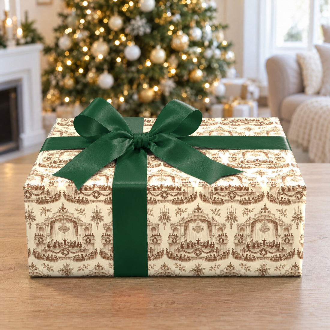 A gift wrapped in Vintage Concert Hall Toile Wrapping Paper in front of a Christmas tree