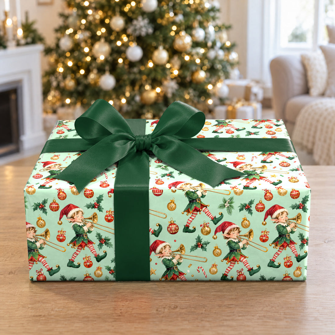 A gift wrapped in Elf Trombone Parade Wrapping Paper in front of a Christmas tree
