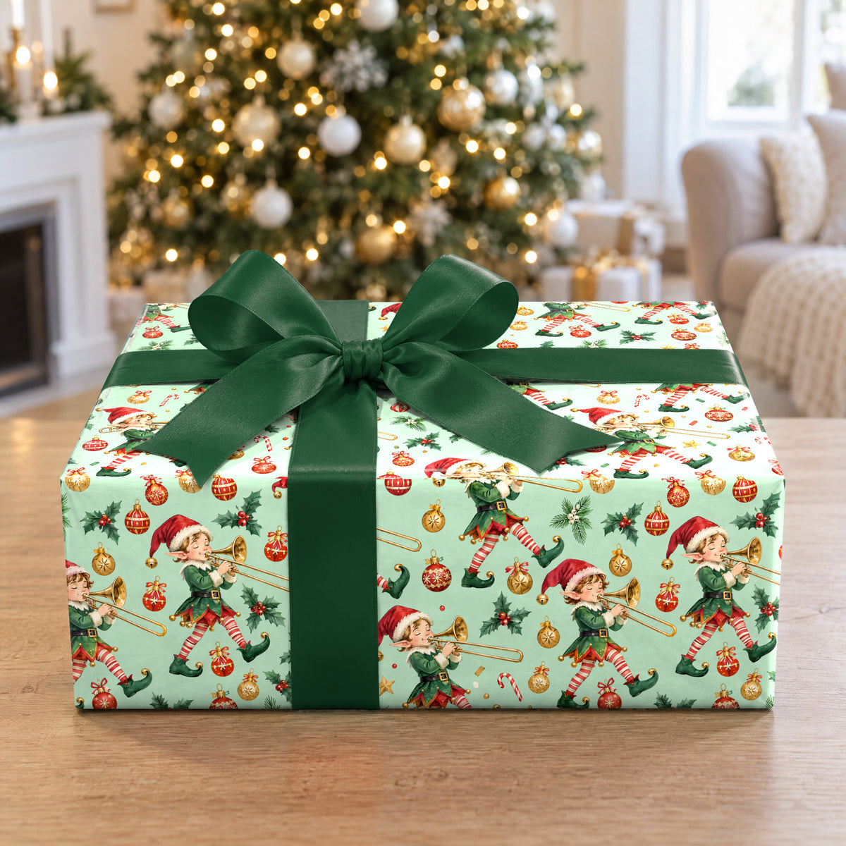 A gift wrapped in Elf Trombone Parade Wrapping Paper in front of a Christmas tree