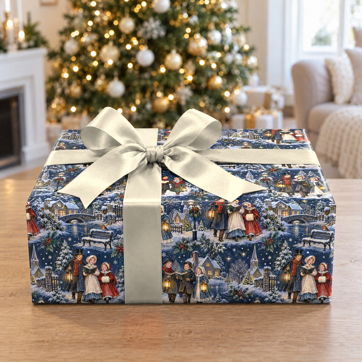 A gift wrapped in Carolers Lantern Walk Wrapping Paper in front of a Christmas tree