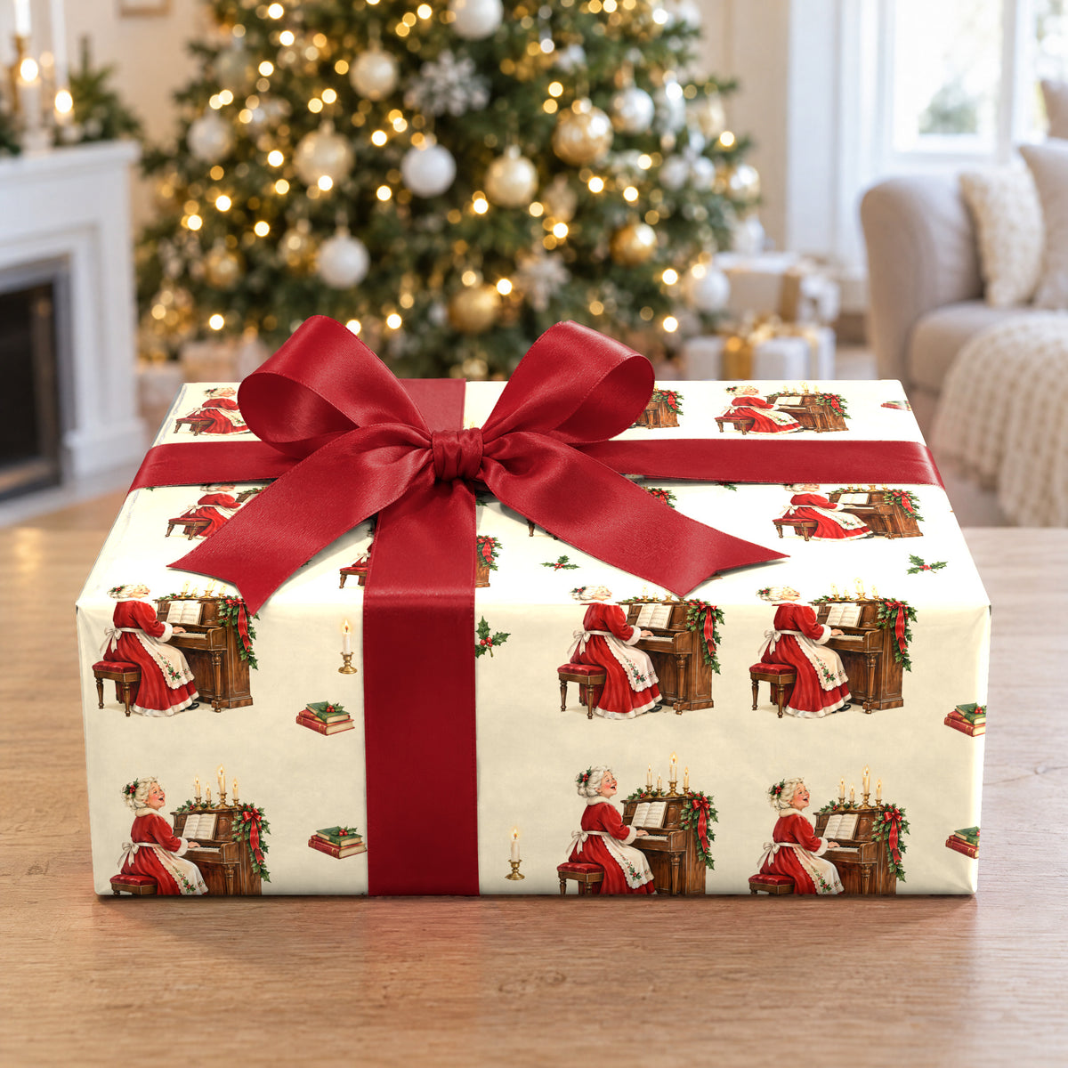 A gift wrapped in Mrs. Claus at the Piano Wrapping Paper in front of a Christmas tree