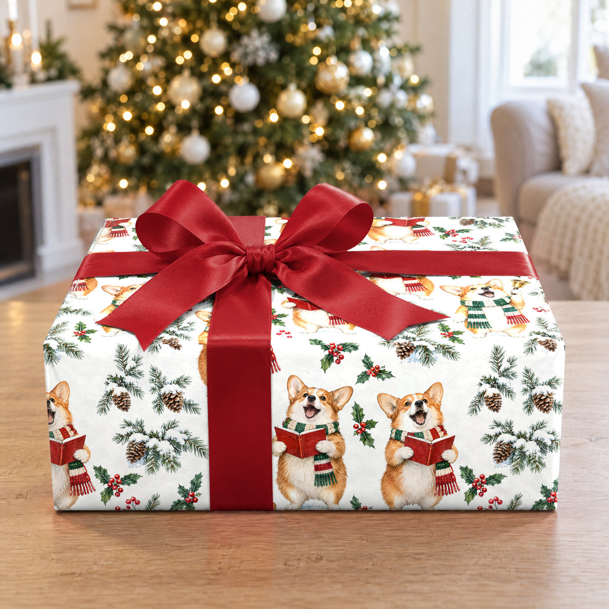 A gift wrapped in Corgi Carolers Wrapping Paper in front of a Christmas tree
