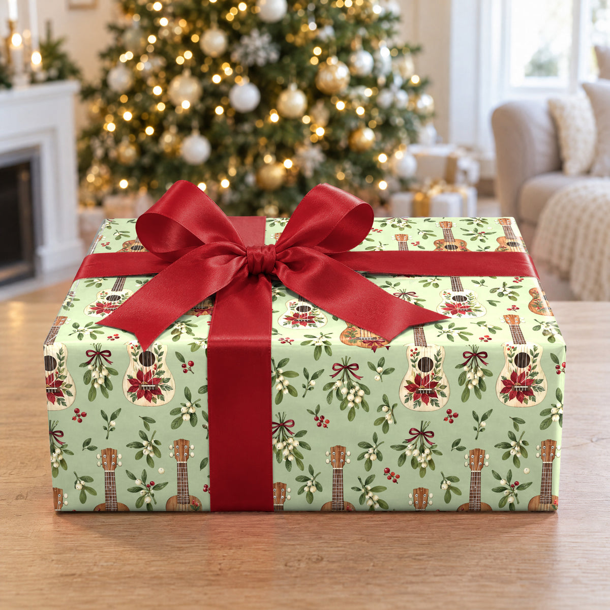 A gift wrapped in Ukulele Mistletoe Scatter Wrapping Paper in front of a Christmas tree