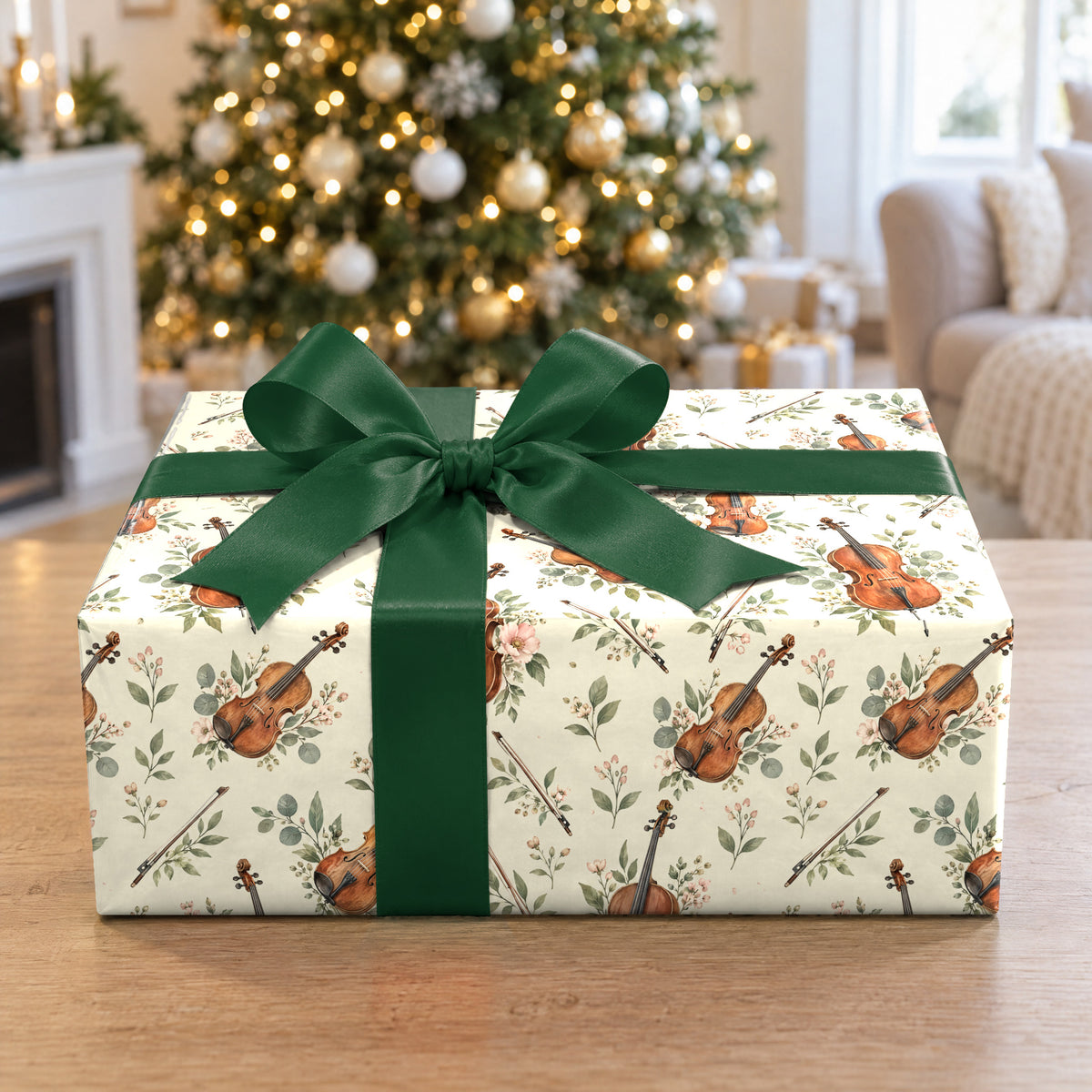 A gift wrapped in Watercolor Violin Wrapping Paper in front of a Christmas tree