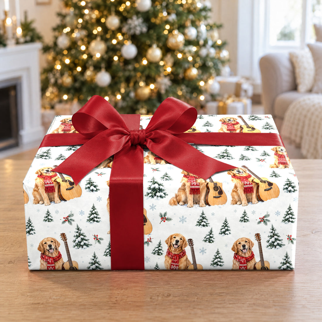 A gift wrapped in Golden Retriever Guitar Christmas Wrapping Paper in front of a Christmas tree