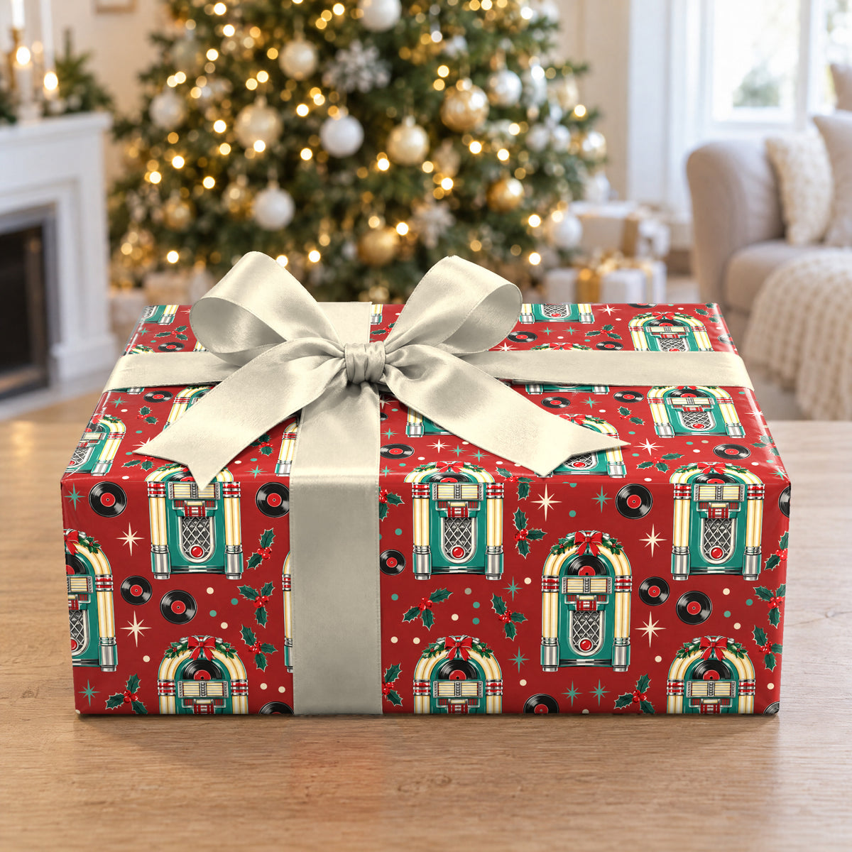 A gift wrapped in Holiday Jukebox Diner Wrapping Paper in front of a Christmas tree