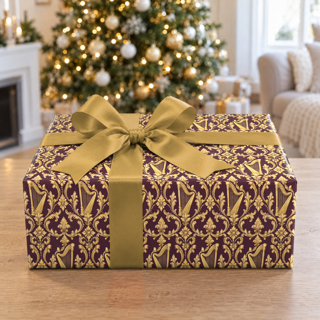 A gift wrapped in Plum Harp Brocade Wrapping Paper in front of a Christmas tree