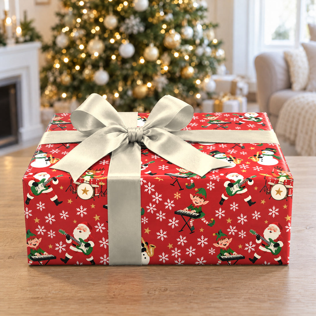 A gift wrapped in Santa's Band Christmas Wrapping Paper in front of a Christmas tree