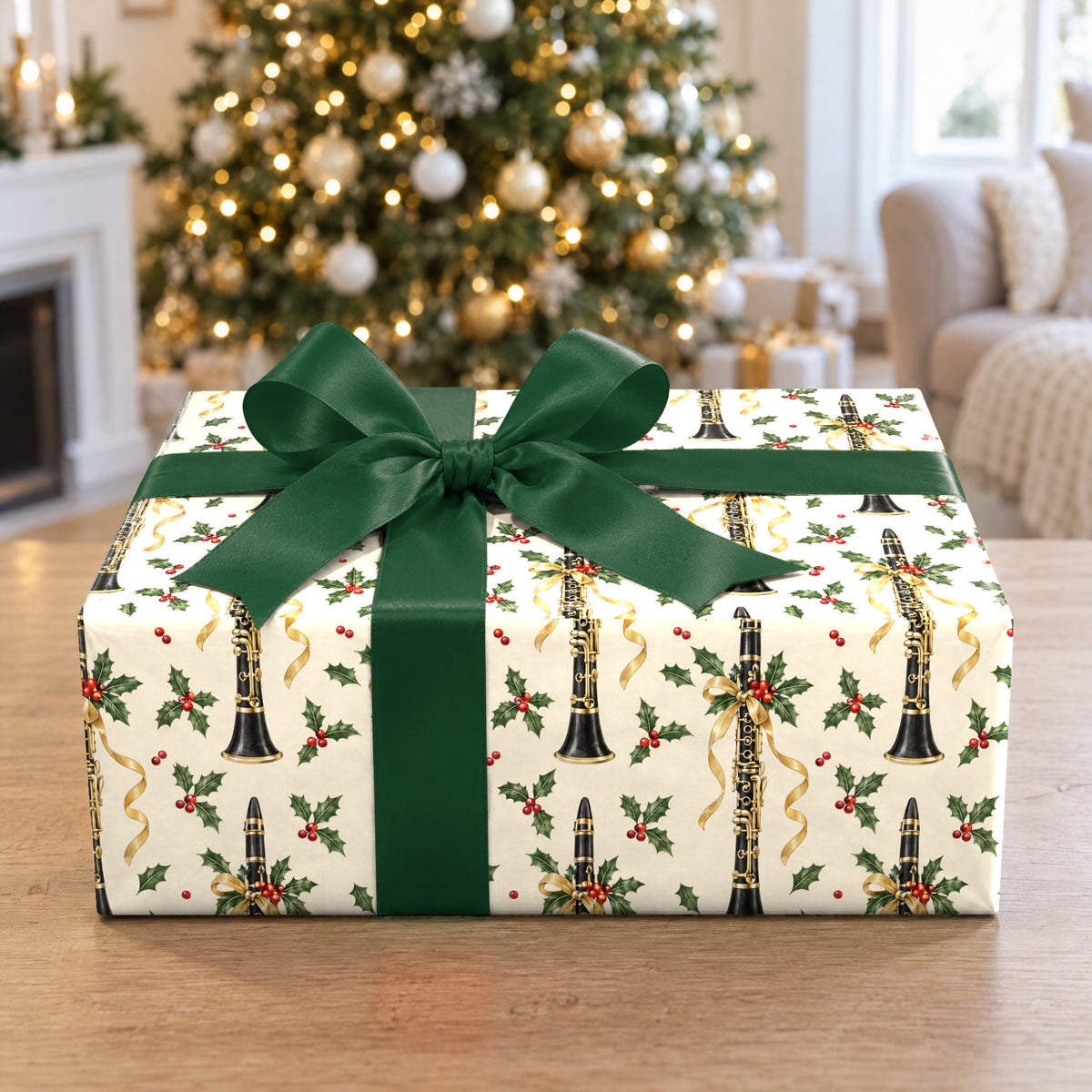 A gift wrapped in Clarinet Carol Scatter Wrapping Paper in front of a Christmas tree