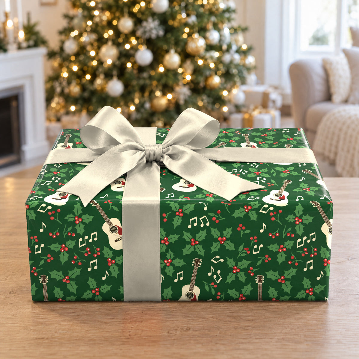 A gift wrapped in Holly Jolly Acoustic Guitar Wrapping Paper in front of a Christmas tree