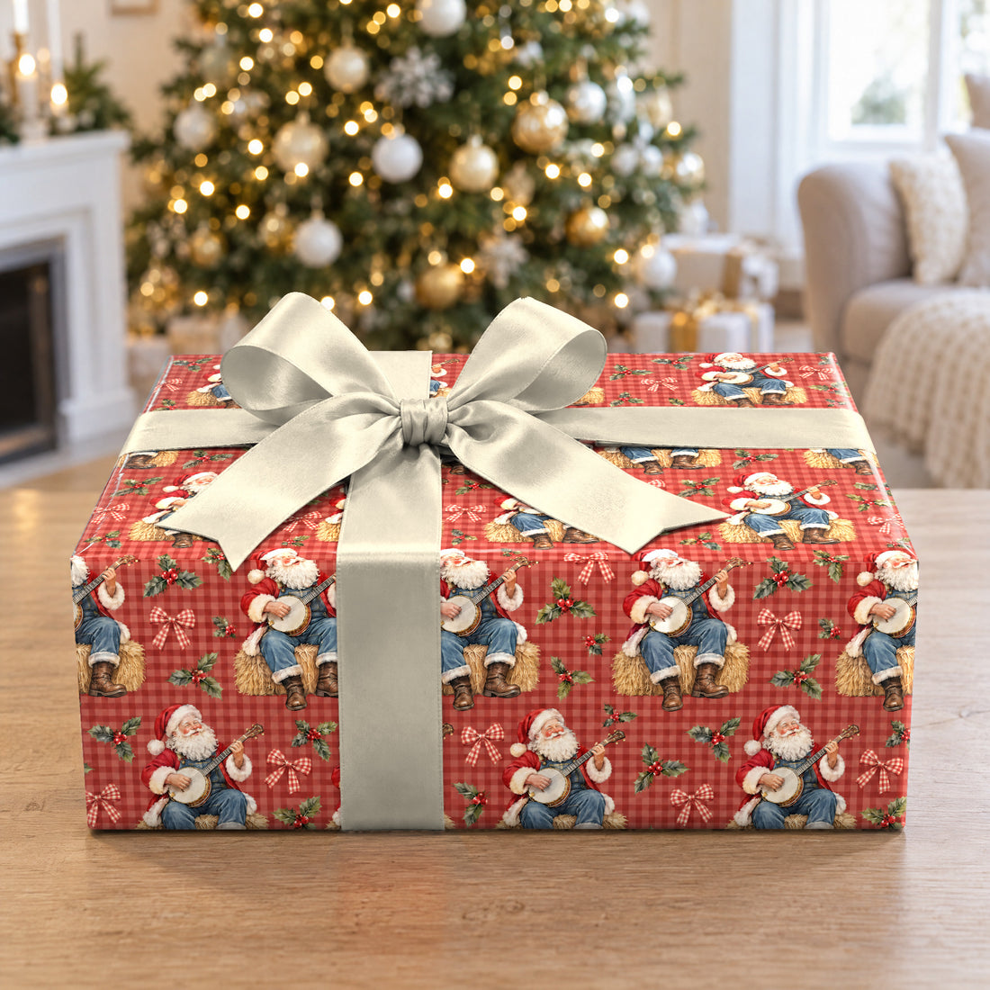 A gift wrapped in Santa's Banjo Hoedown Wrapping Paper in front of a Christmas tree