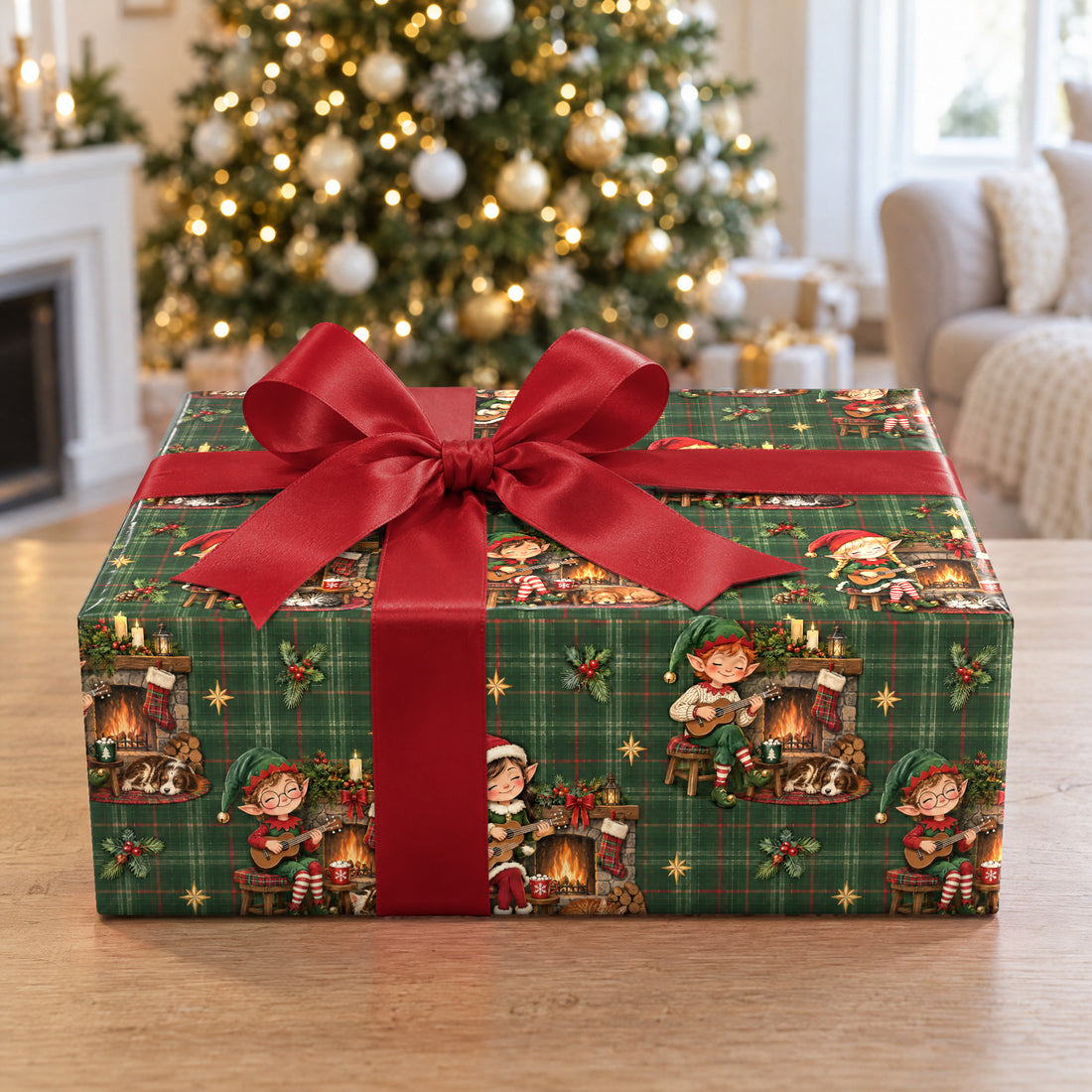 A gift wrapped in Elf Ukulele Cabin Wrapping Paper in front of a Christmas tree